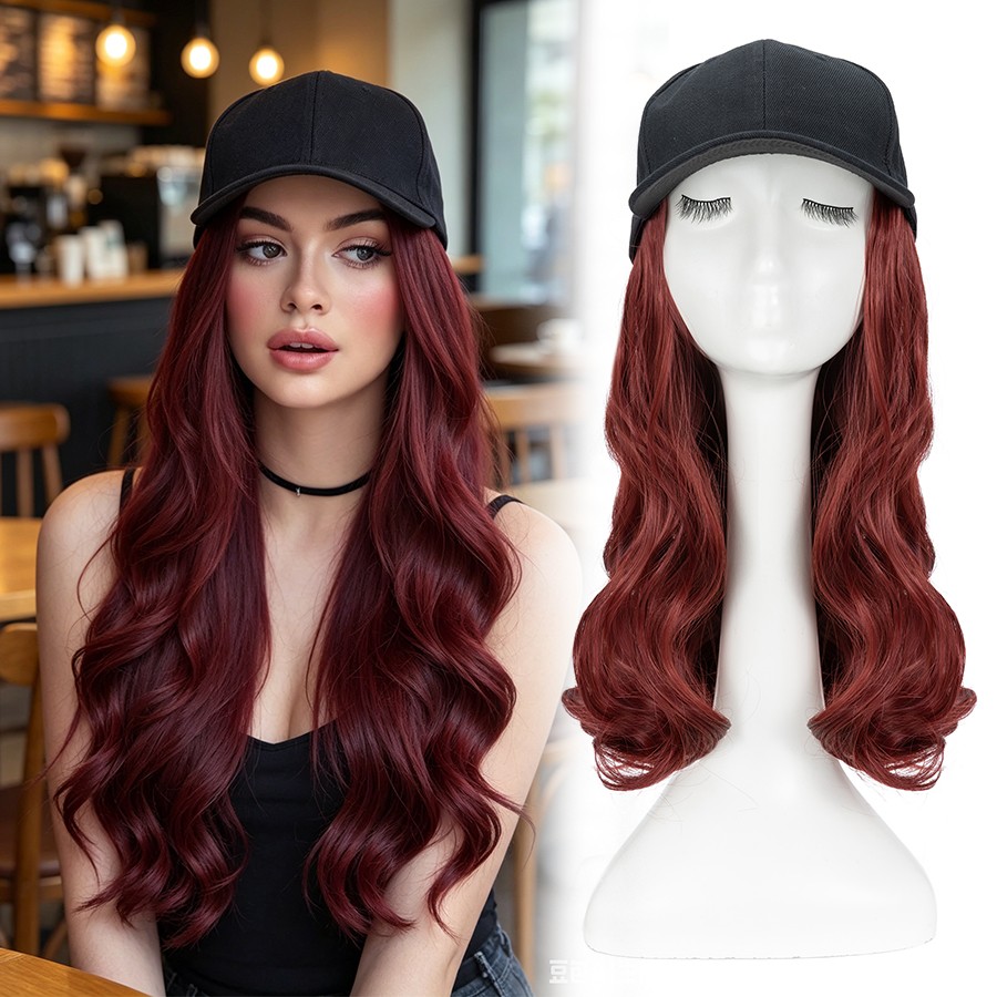 Women Baseball Cap Hat with Long Natural Wavy Synthetic Hair Wig for Party Black
