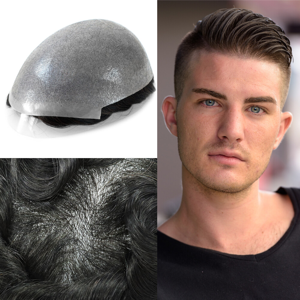 Super Mens Human Hair Thin Skin V Looped Replecement System Hairpieces Gent Wigs