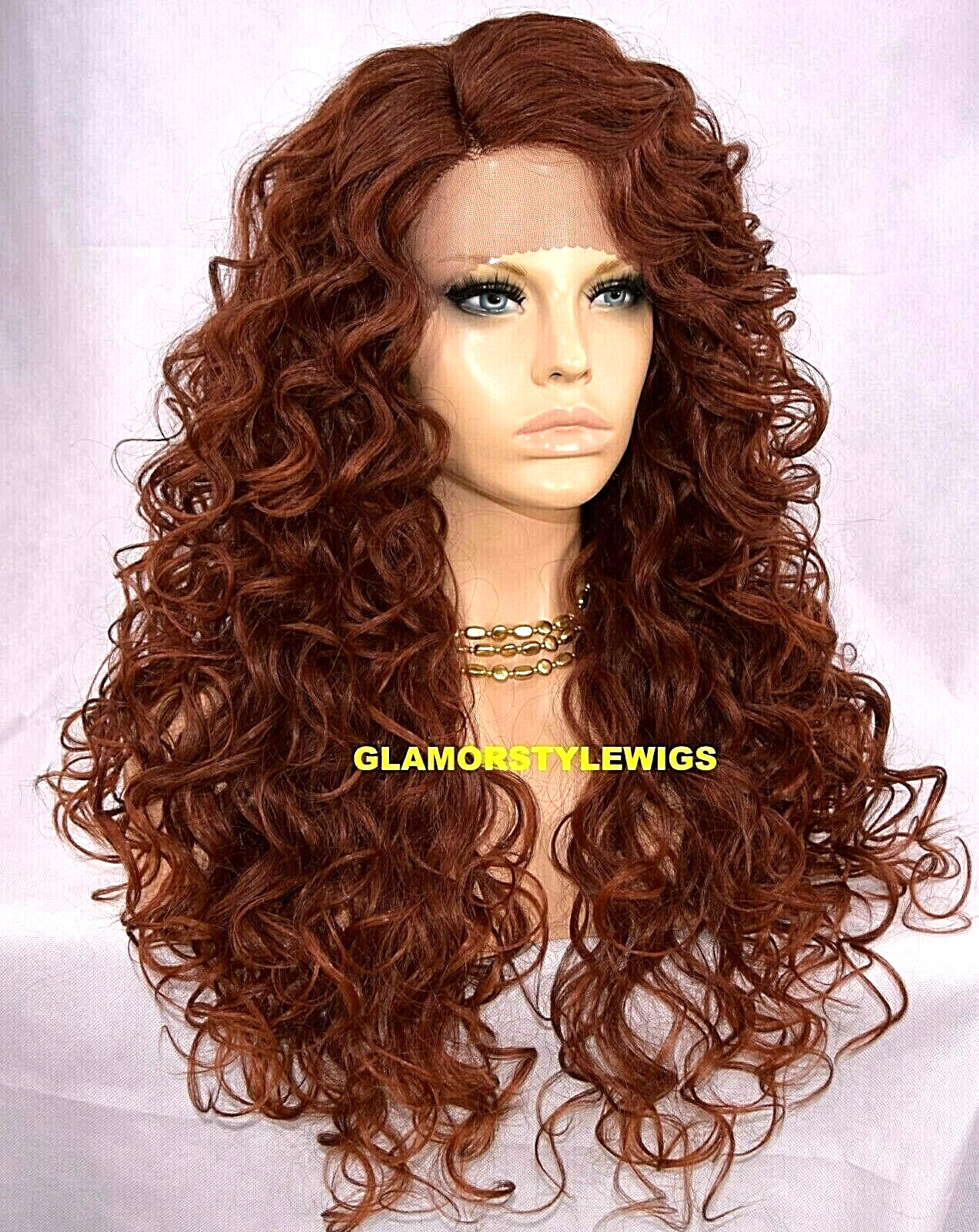 LACE FRONT FULL WIG LONG LAYERED SPIRAL CURLS SIDE PART AUBURN MIX HEAT OK NWT