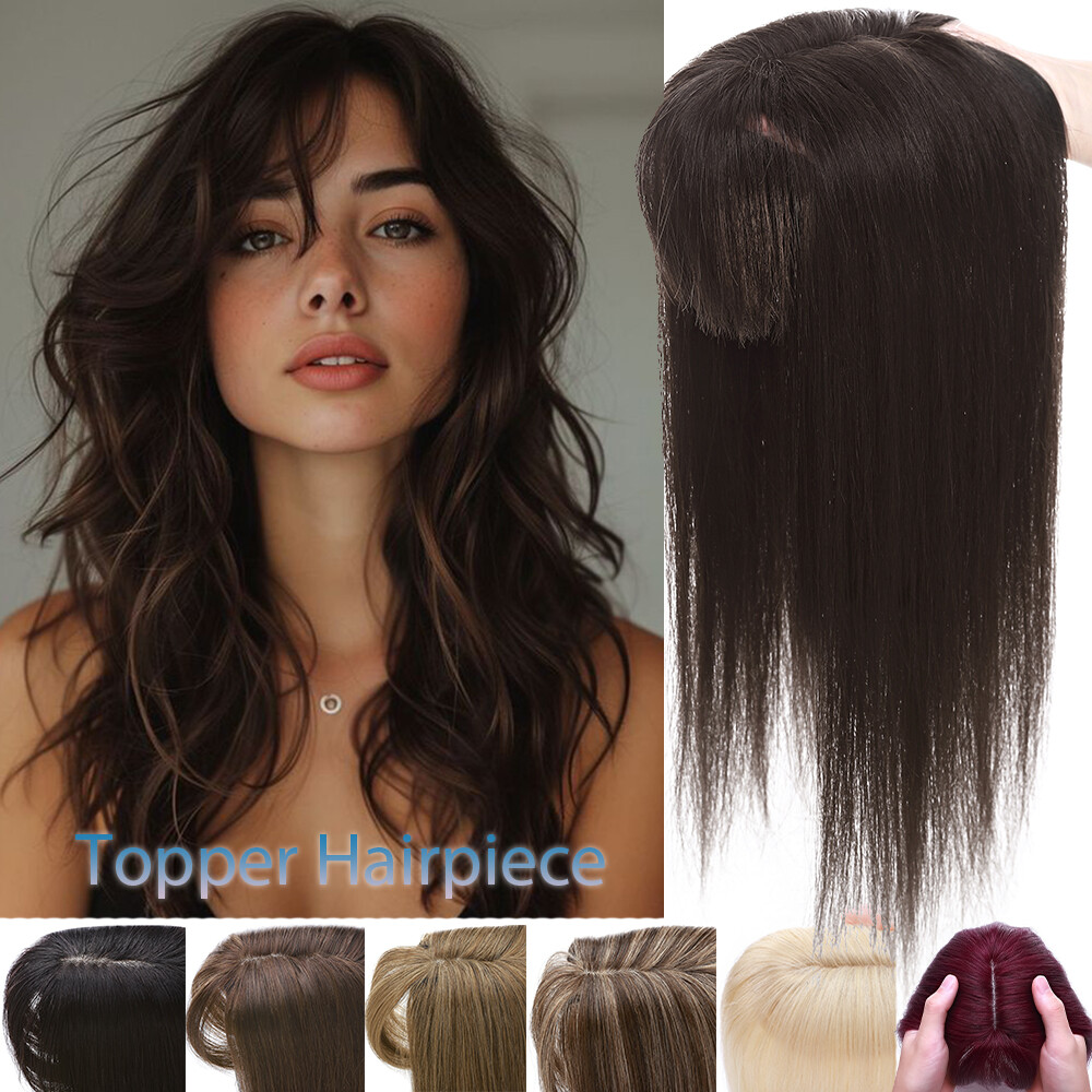 100% Remy Human Hair Topper Toupee with Bangs Clip In Silk Base Hairpiece Wig US