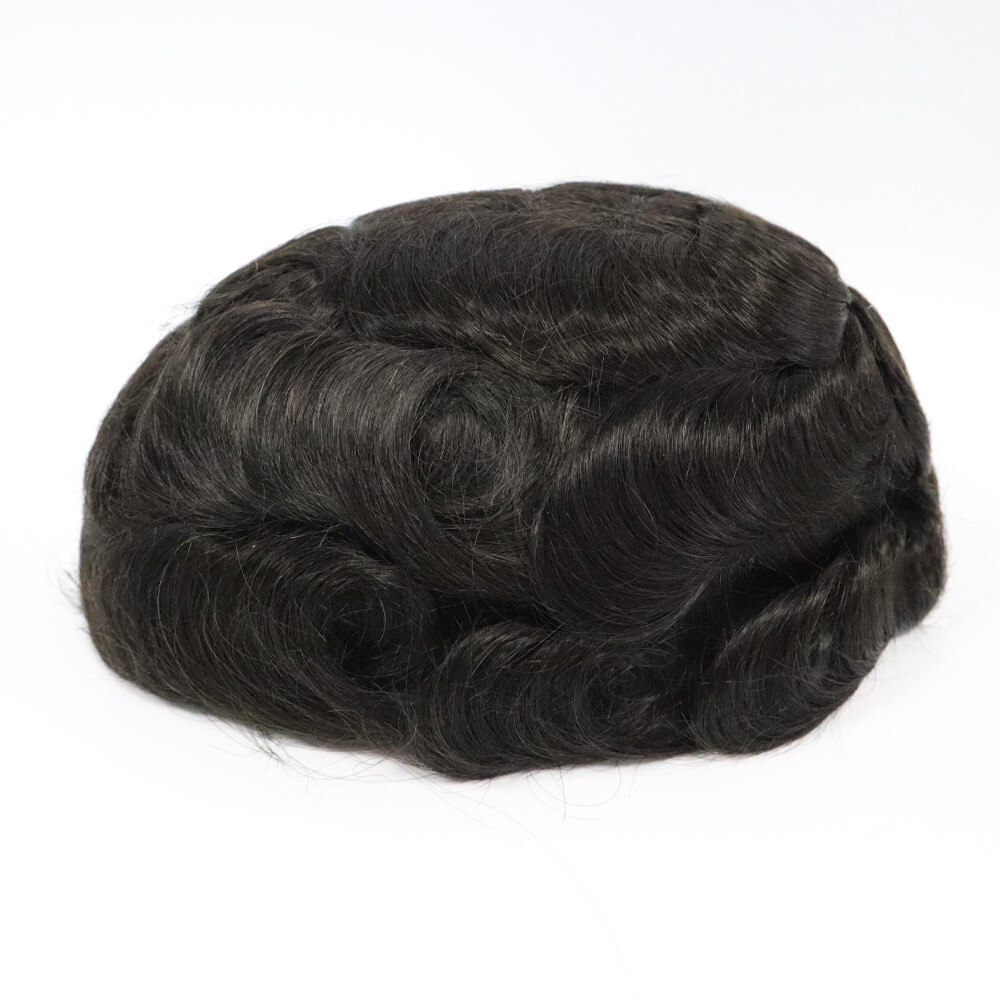 Natural Hair Replacement System 0.06mm Thin Skin V Toupee Gent Top Hair Piece#1B