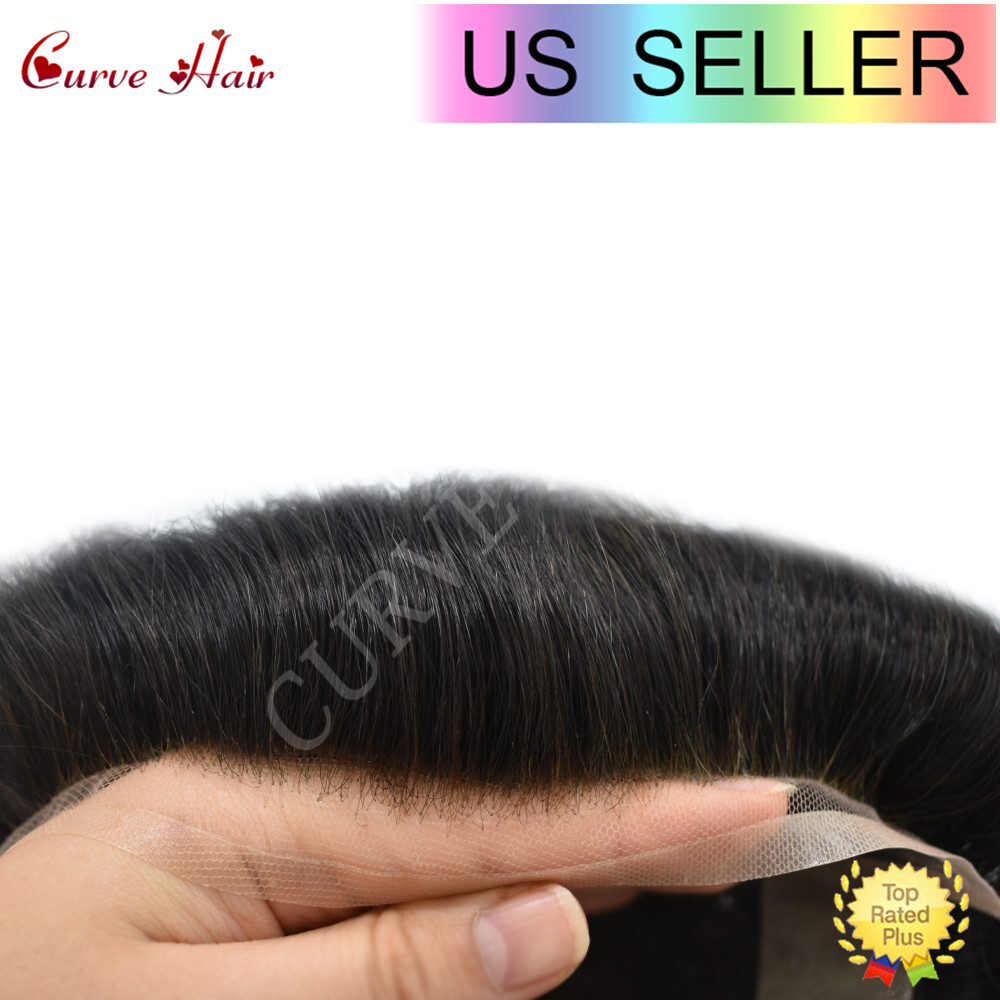 Mens Toupee Human Hair Replacement System French lace Front Thin Skin Hairpiece