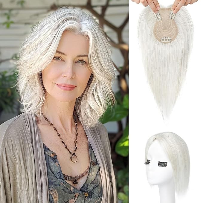 White w/ Black Strands 100% Real Human Side Bang 10in Hair Topper