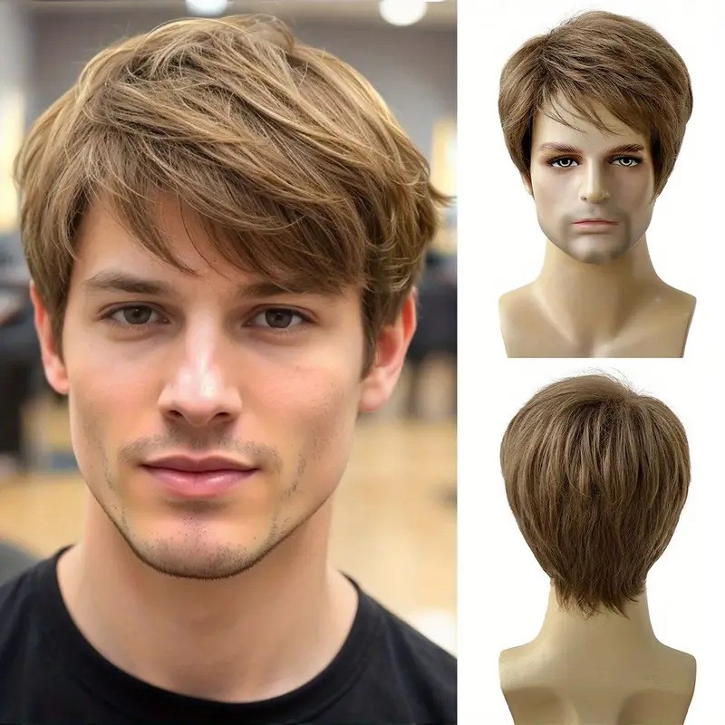 Men Wig Brown Layered Short Beanie Hairpiece Male Universal Cosplay Glueless Wig