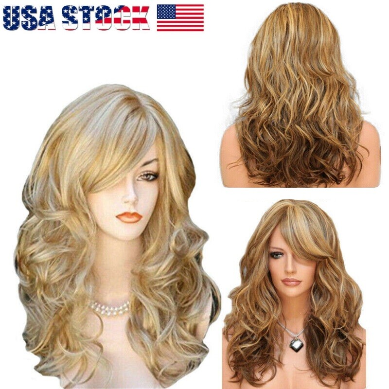Women Long Blonde Curly Wig Natural Wavy Hair Wigs w/ Bangs Cosplay Party 23″