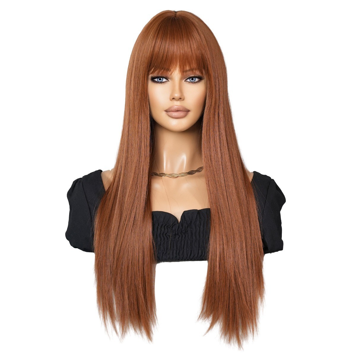Long Straight Ginger Wig with Bangs for Women Synthetic Hair