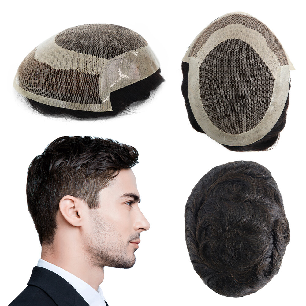 Mens Toupee Lace Front Hair Replacement System Poly Skin Hairpiece Octagon #NC