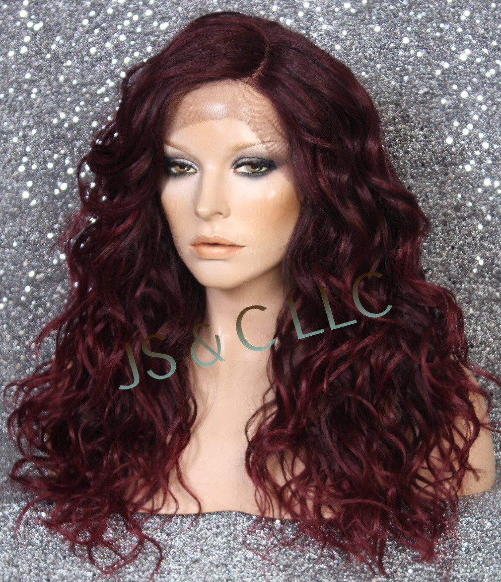 Human Hair Blend Long HEAT OK Full Lace Front Wig Burgundy mix wavy WEYC 1B-burg