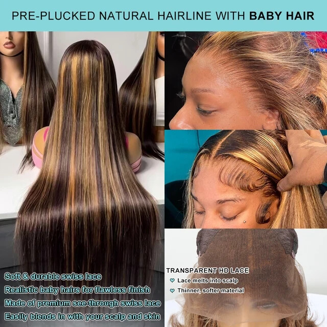 30 40 Inch 4/27 Highlight Ombre Straight 13×4 HD Lace Front Human Hair Wig Bone