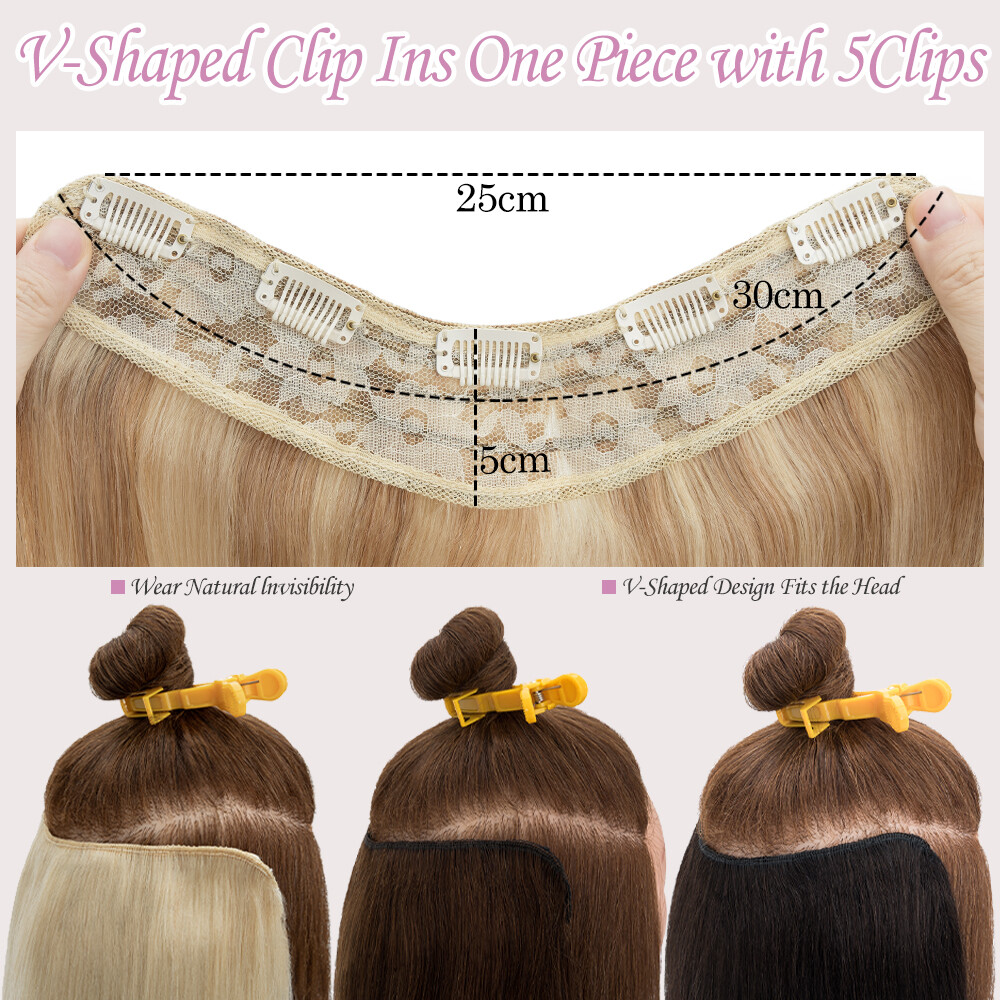 One Piece Thick Weft Clip in Real Remy Human Hair Extensions Full Head V-Shape