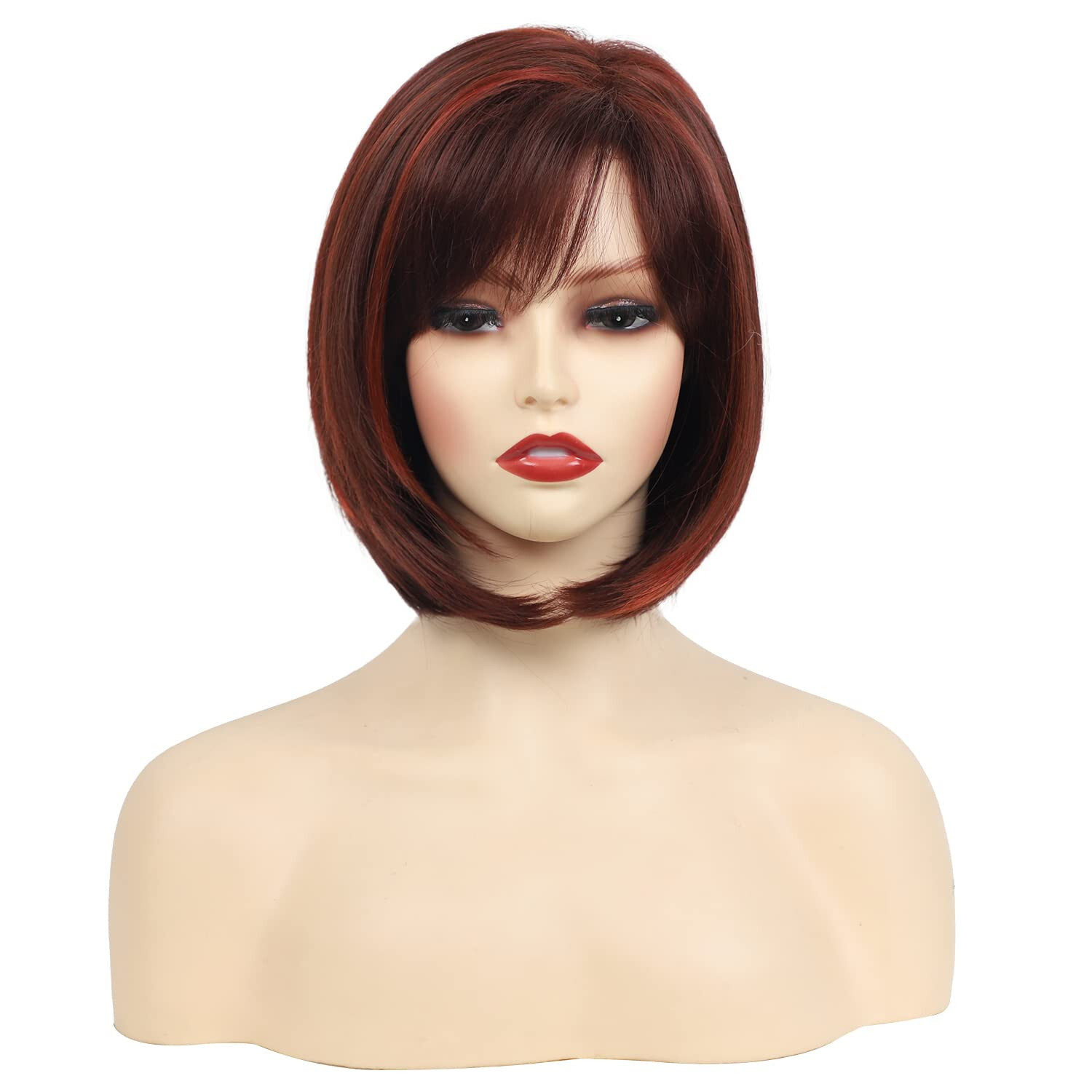 RENERSHOW Short Burgundy Highlight Bob Wig bangs red pixie women synthetic daily