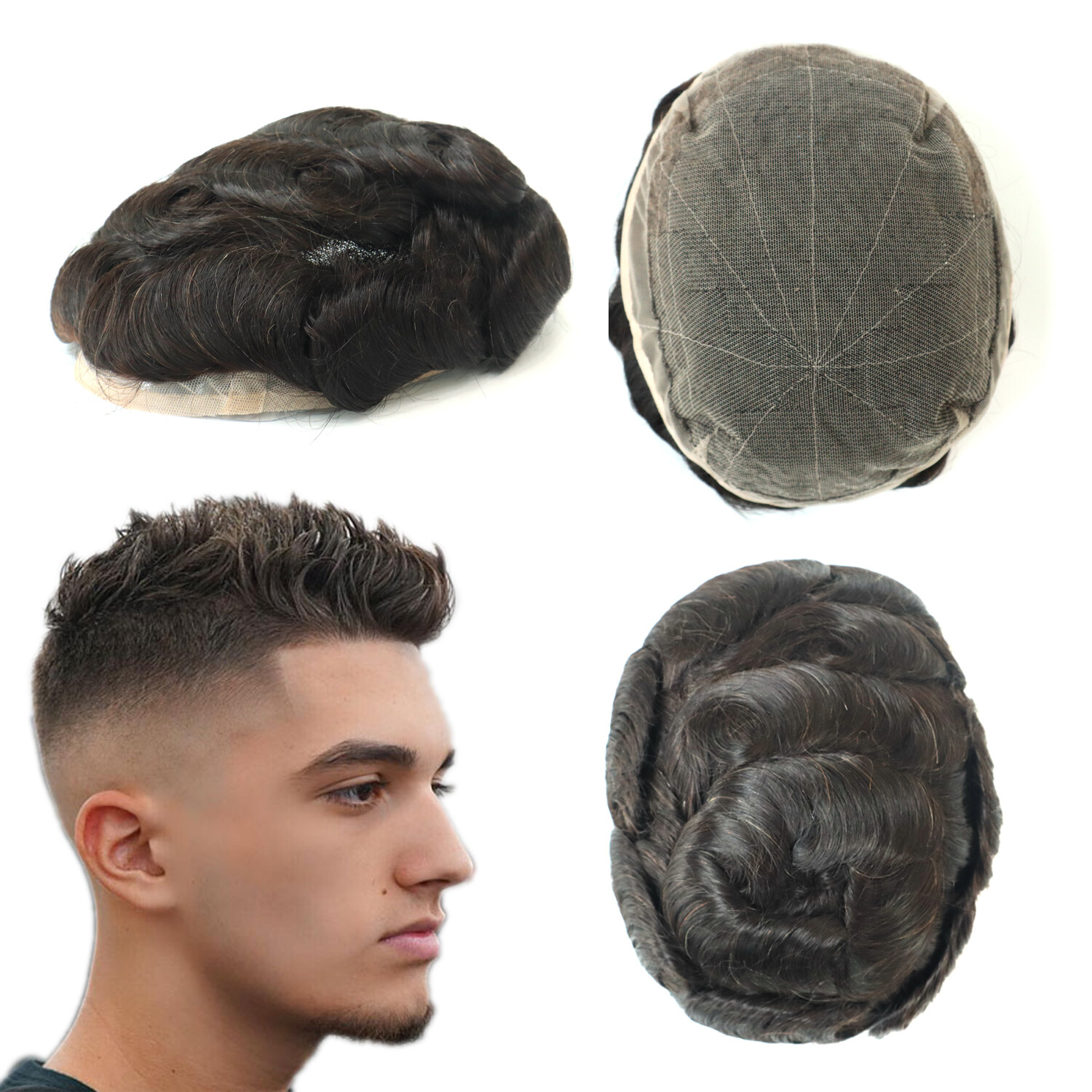 Mens Toupee Human Hair Replacement System French Lace Medium Density Hair #2