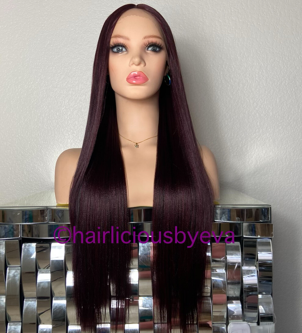 Red Burgundy Wig 99j Lace Front Middle Part Straight 26 Inch Long Heat Ok