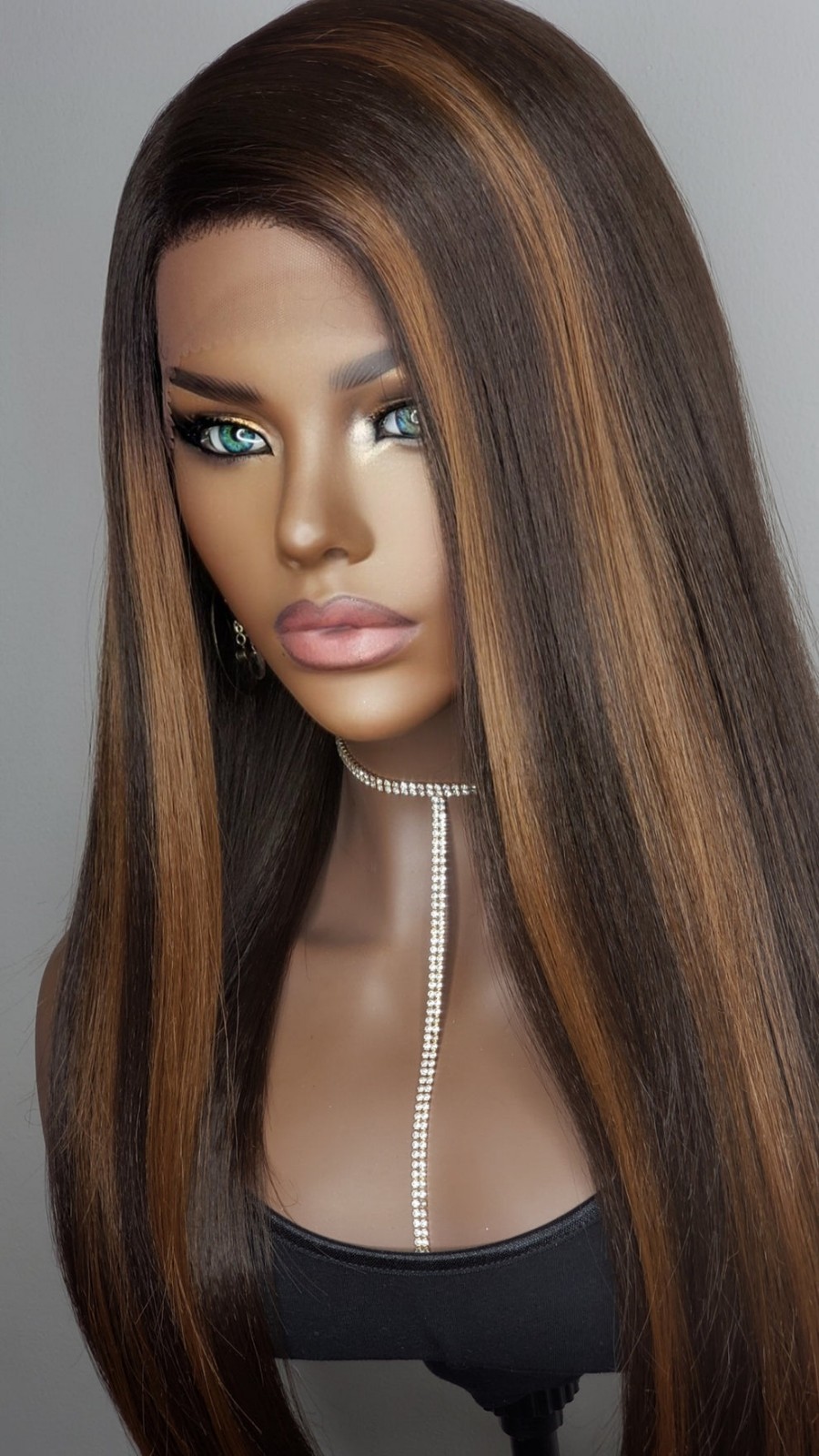 New Long Straight Brown Blonde Black Hair Highlights Lace Front Wig Womens Wigs