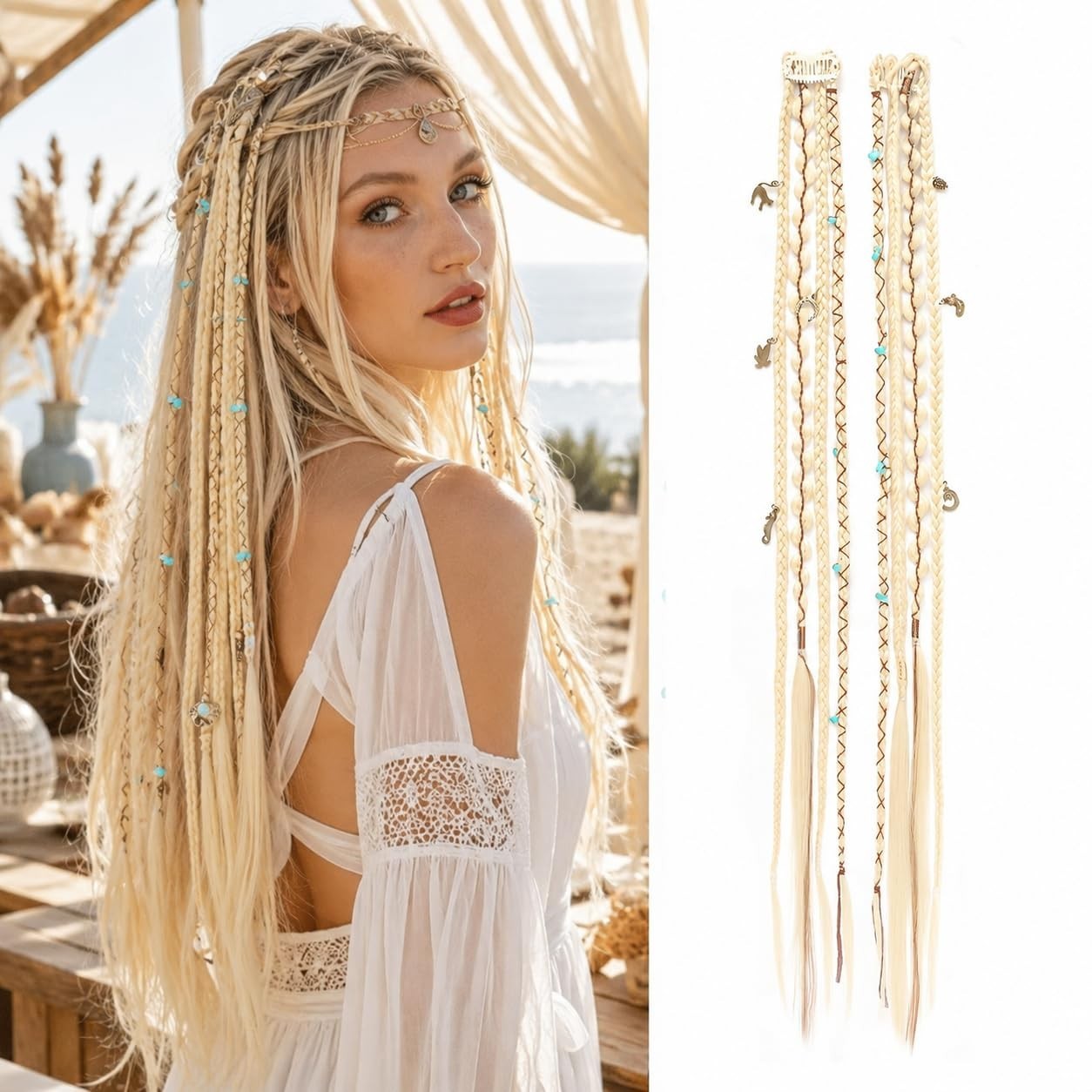 Clip-In Bohemian Braids with Beads Synthetic Hair Extensions 20in H613 Blond