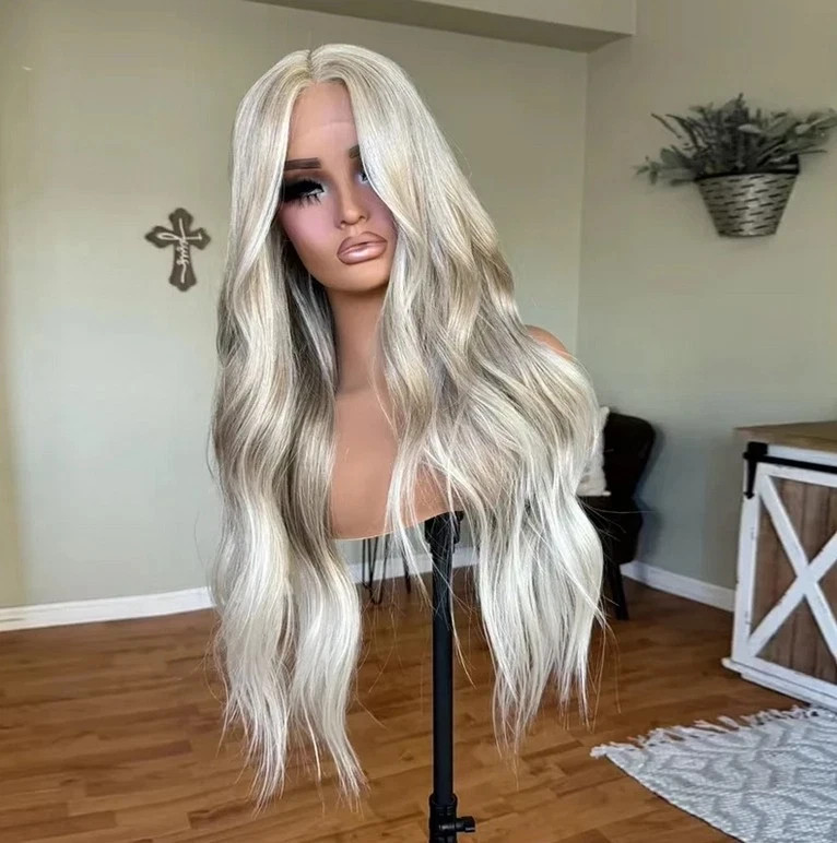 28Inch Platinum Ash Blonde Balayage 13×4 Lace Front Wig 100% Human Hair Wig