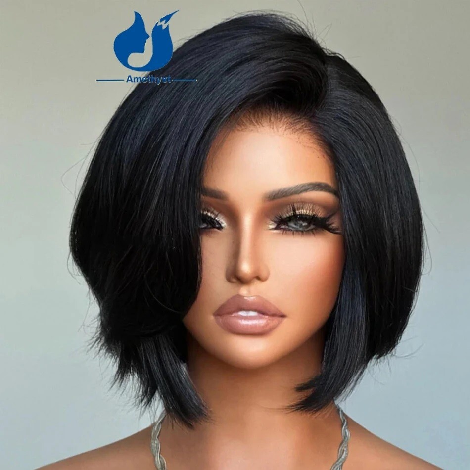 Natural Layered Cut Short Bob 13×6 Lace Front Human Hair Wigs With Side Bangs