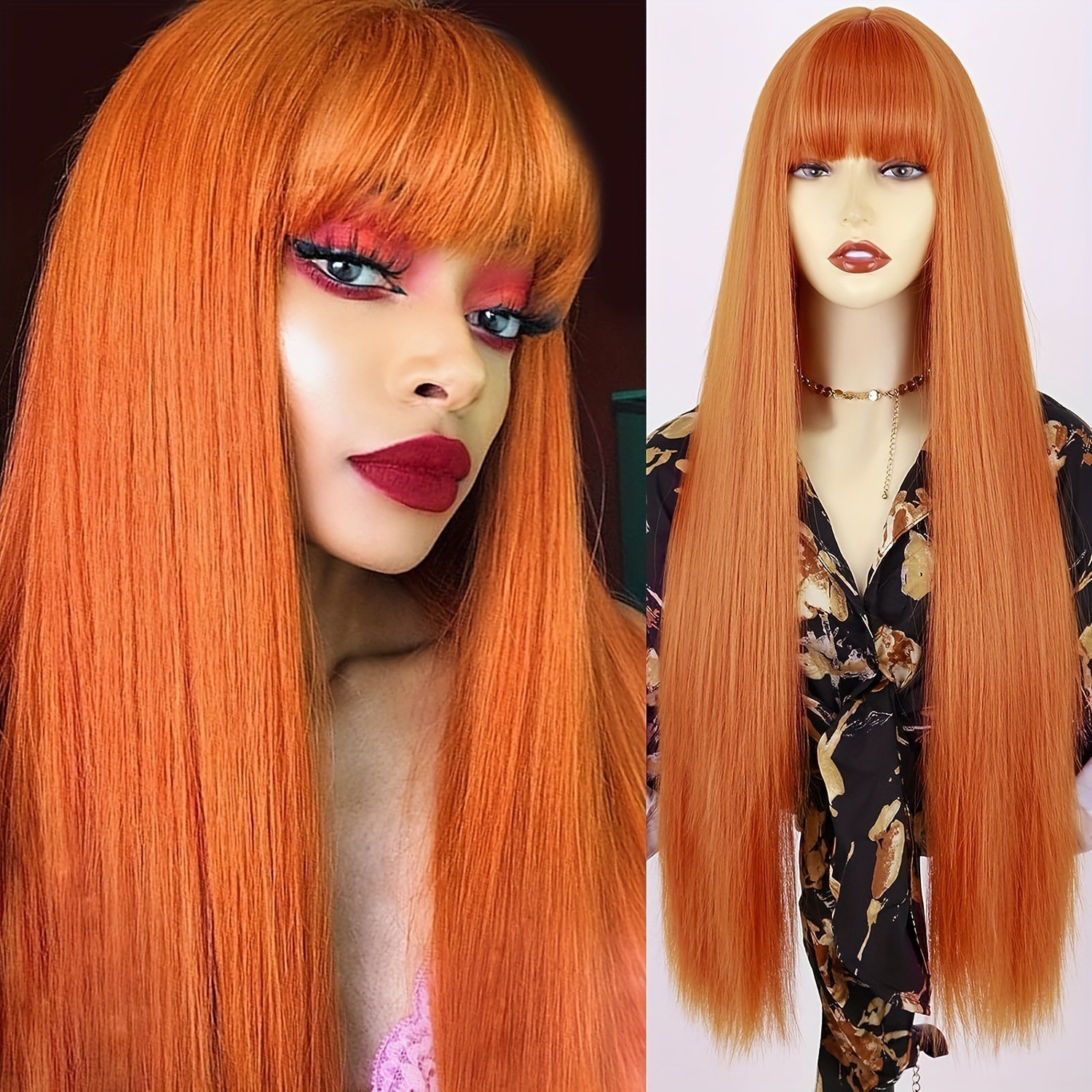 Long Straight Wig With Bangs For Women Multi Color Heat Resistant Synthetic