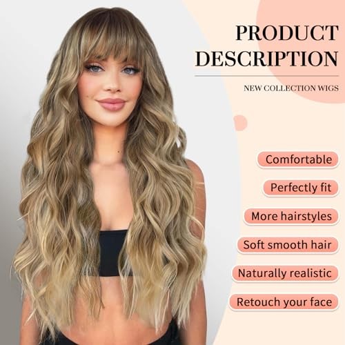 Ombre Blonde Wigs Bangs Highlight Long Wavy Wig Women Curly Synthetic Hair Party