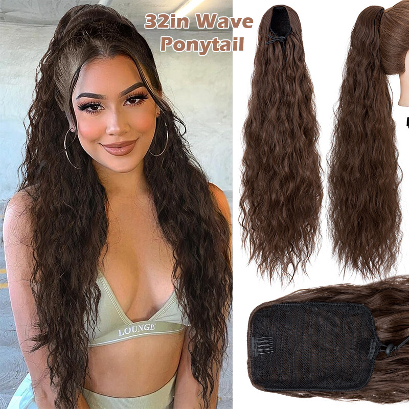 32in Wave Drawstring Ponytail Clip In Hair Extensions Pony Tail Real as Human US