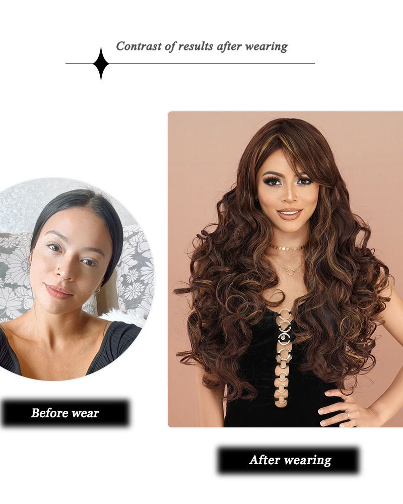Long Wavy Wig Auburn Blonde Highlight Side Bangs Curly Full Head Daily Wear Hair