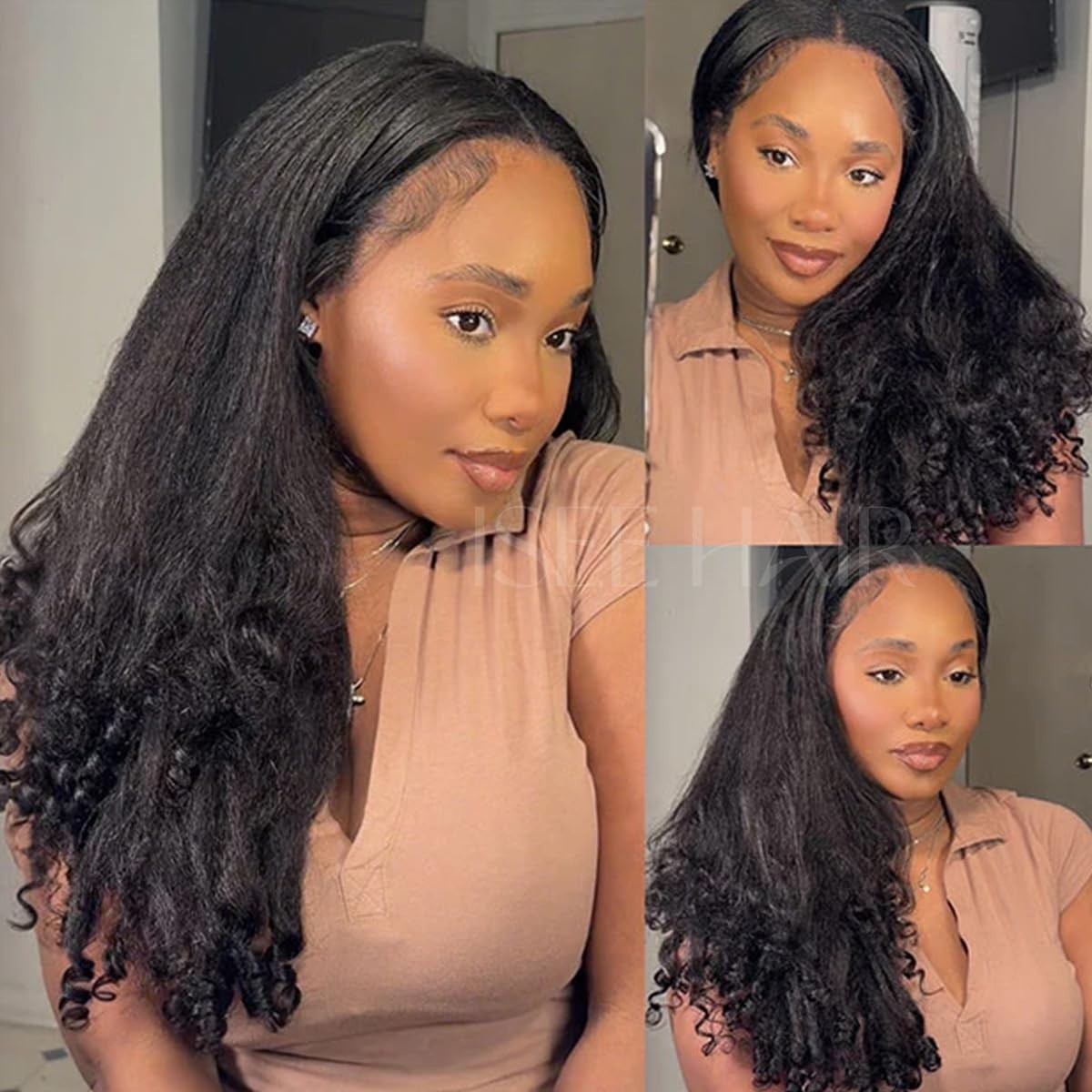 Kinky Straight Half Wig with Spiral Curly Ends – 22″ Glueless, Adjustable, 180%