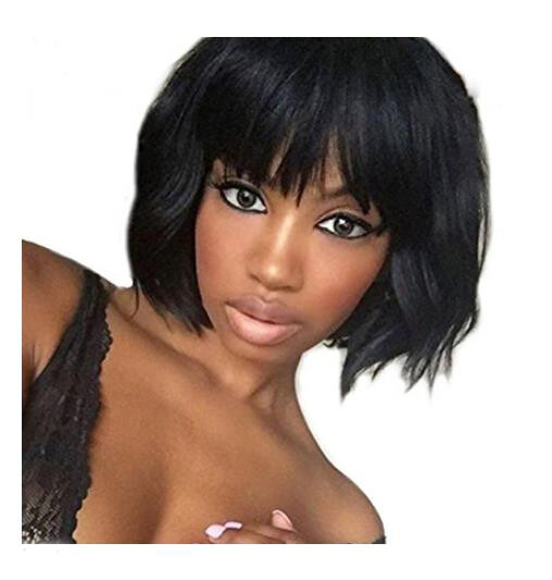 100% Remy Human Hair Wig Short Black Slight Wave Wig with Bangs Lace Front Wigs