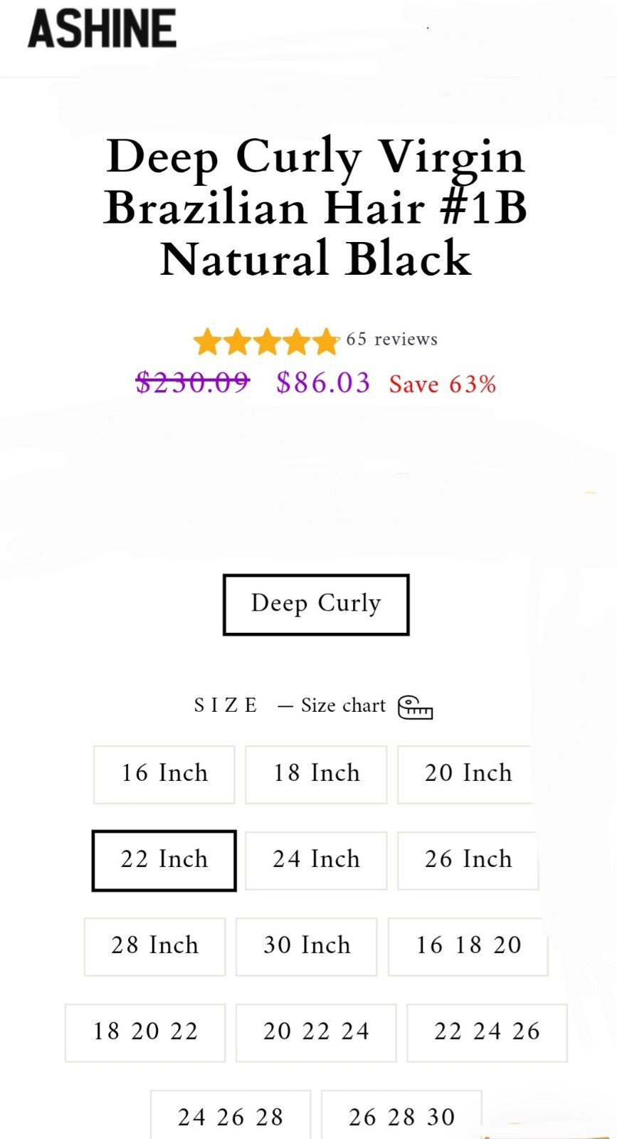 ASHINE 100% Brazilian Human Hair Extensions- Black 0107-1B#-22” Deep Wave New