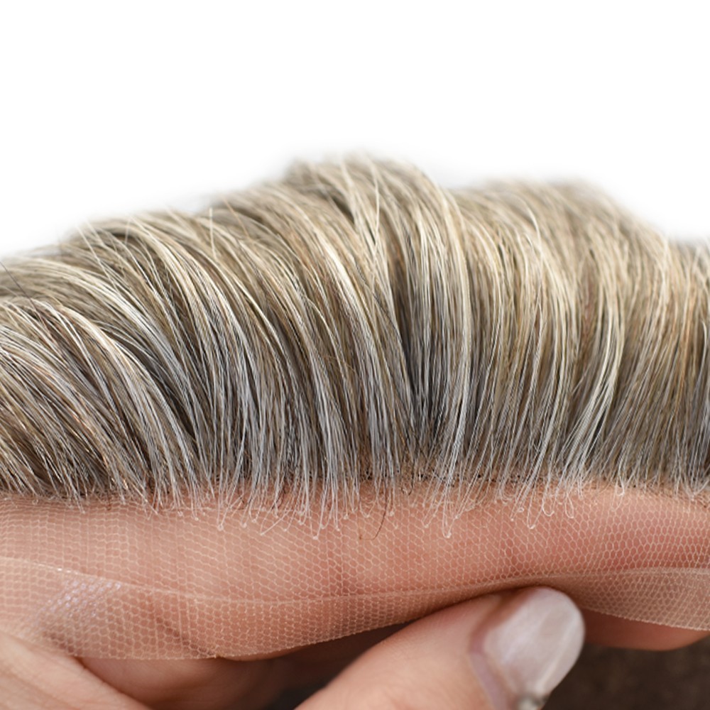 Mens Toupee French Lace Front Hair Piece System Fine Mono Poly Skin Wig for Men
