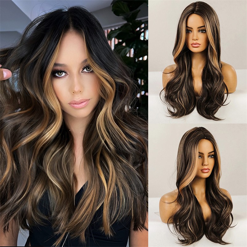 Women Ombre Black Brown With Blonde Highlights Wavy Long Hair Fashion Daily Wigs