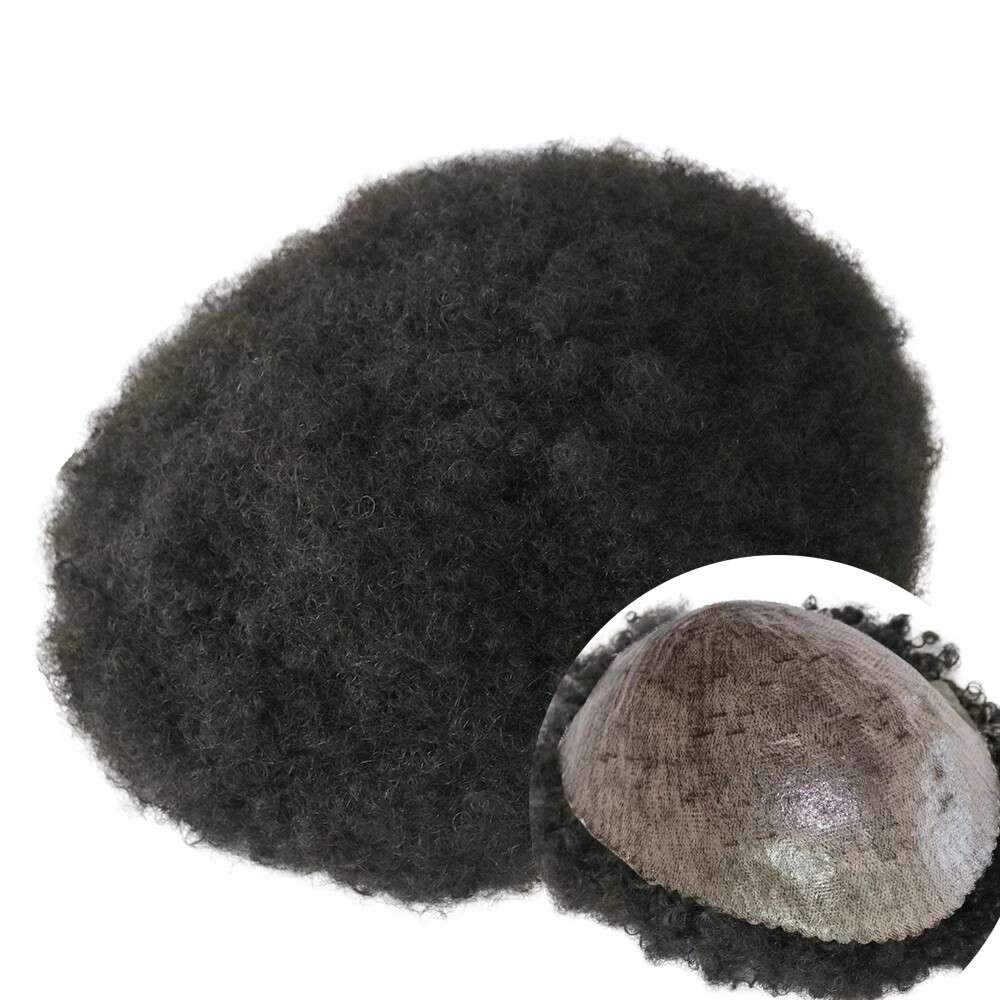 Afro Curl Mens Toupee Full Poly Skin Pu Black Man Wig Hair System Replacement