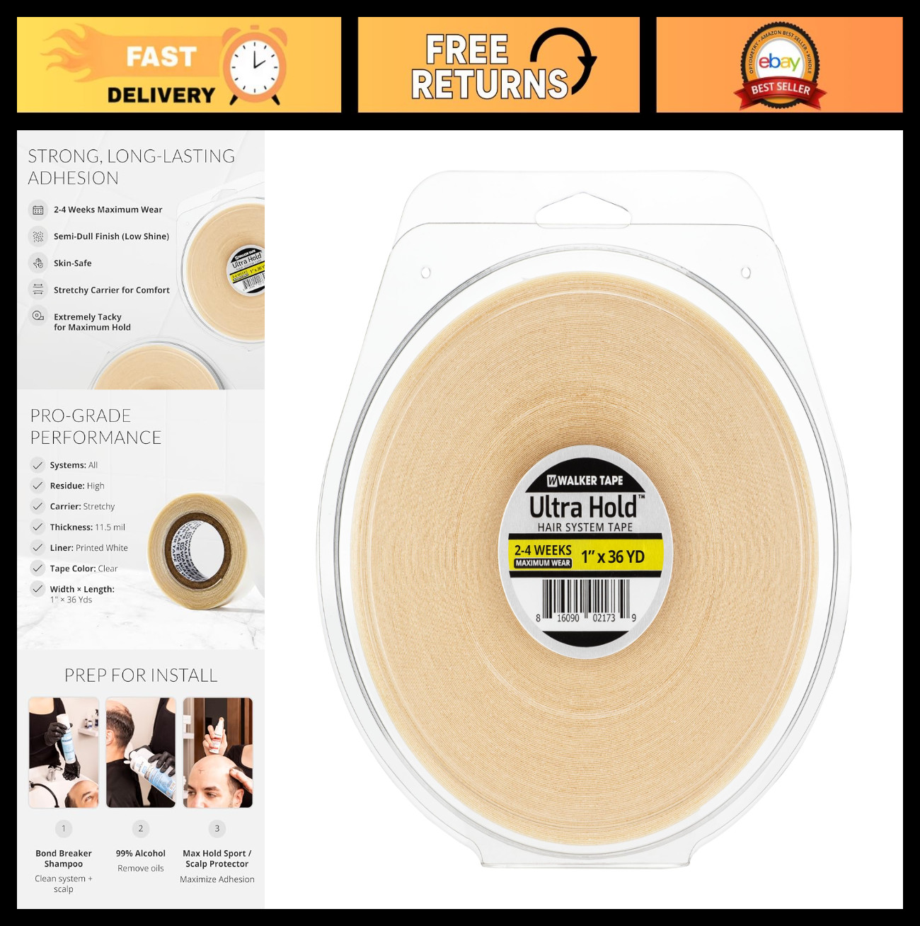 Ultra Hold Double Sided Adhesive Tape 1″ x 36 Yards for Hair Extensions & Wigs