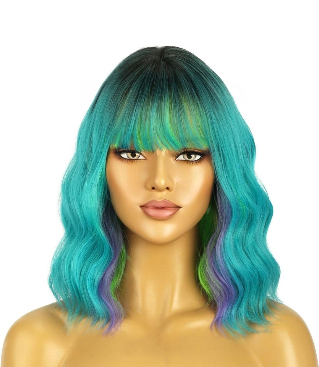 Mermaid Ombre Wig ( Blue, Green, Purple ) Wavy Bob With Bangs
