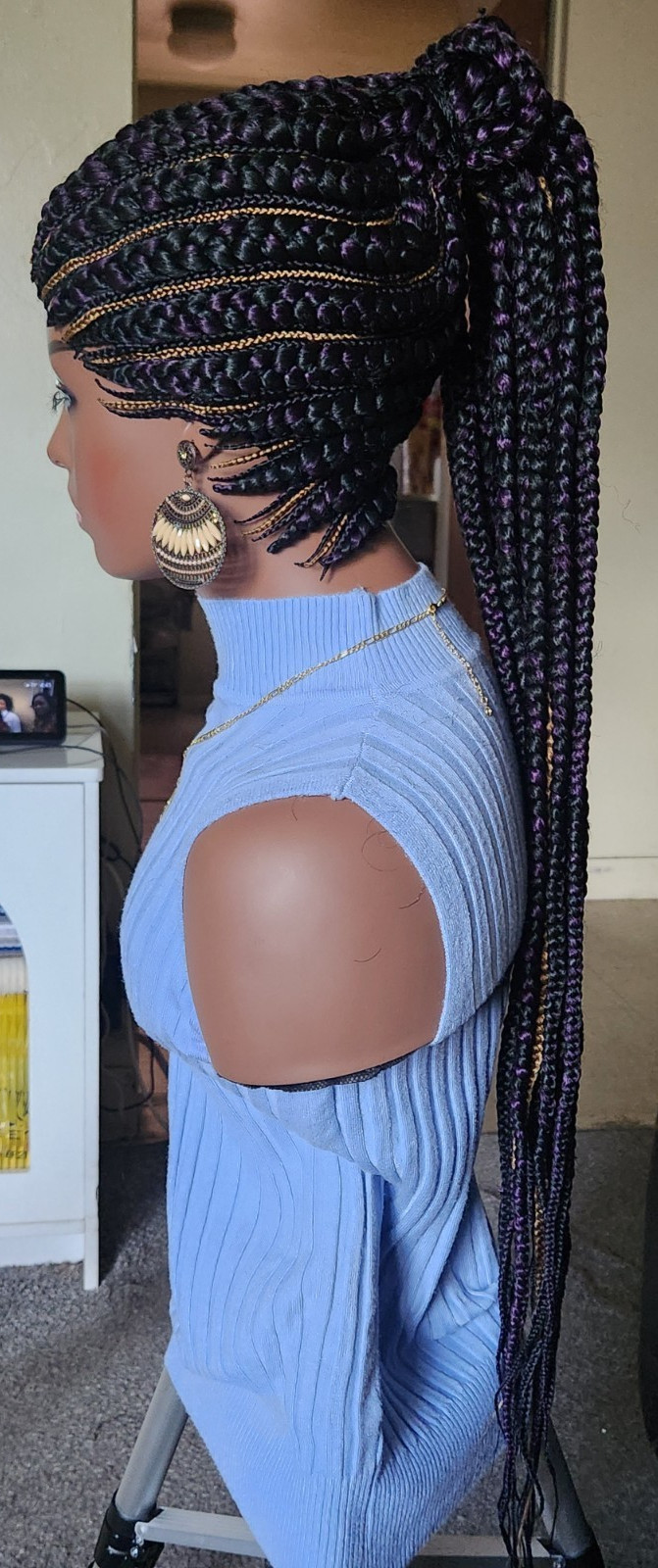 Fully Hand Braided box braid cornrow wig poney tail libre 1B mixt Dark purple/27