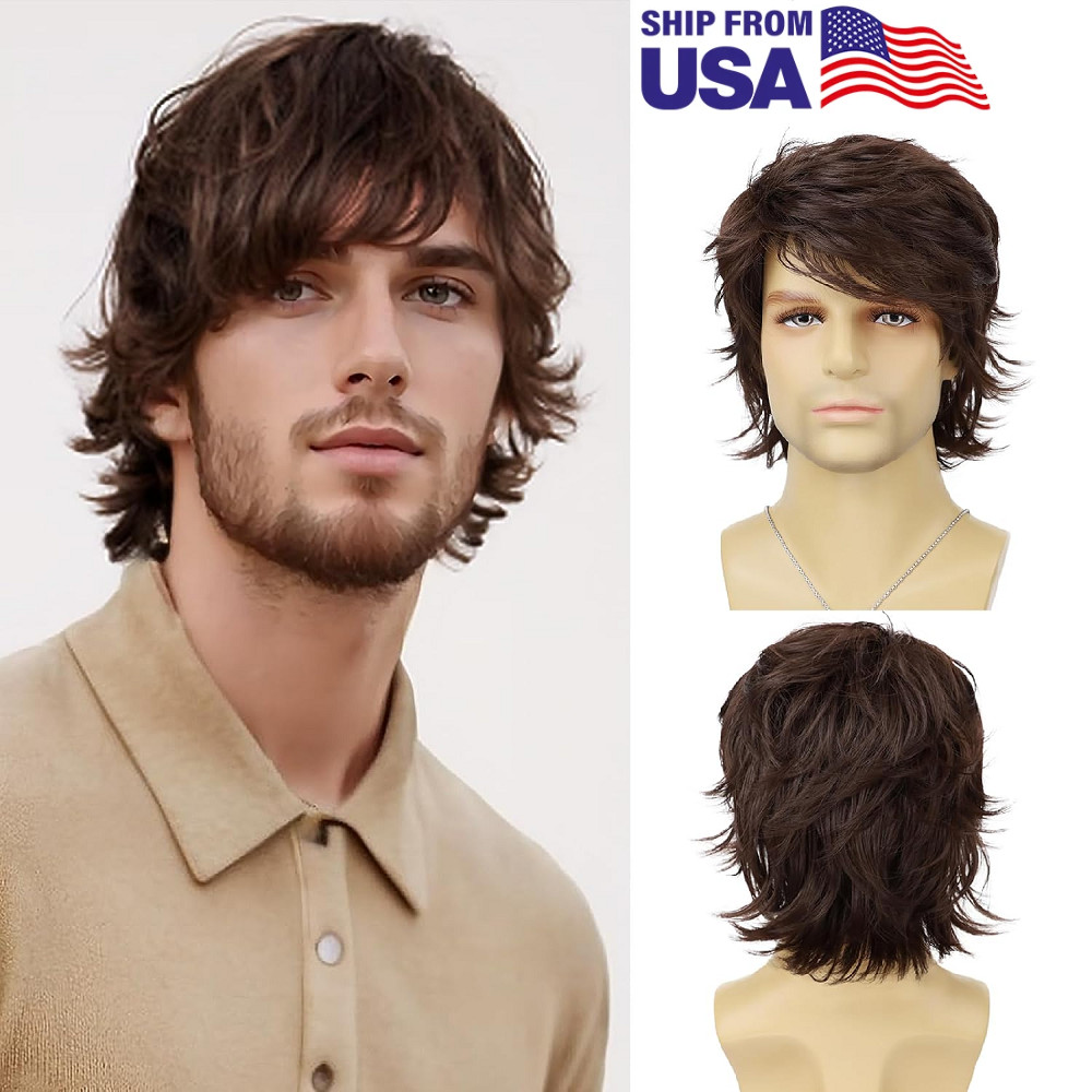 Mens Brown Wig Short Layered Natural Wavy Heat Resistant Synthetic Hair Wigs US