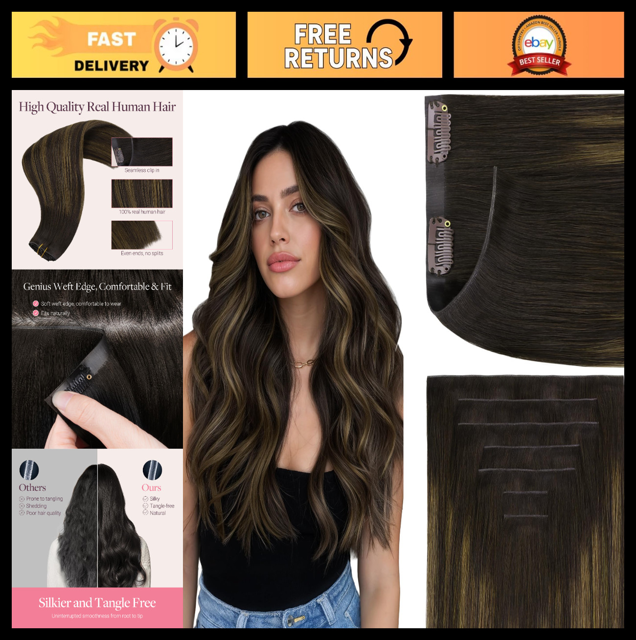 18″ Seamless Clip-in Hair Extensions, 120g, 7pcs, Virgin Human Hair, Dark Brown