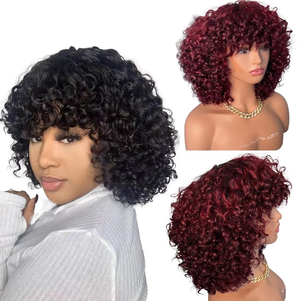 Deep Wave Human Hair Wigs With Bangs Full Machine Made Jerry Curly Wig