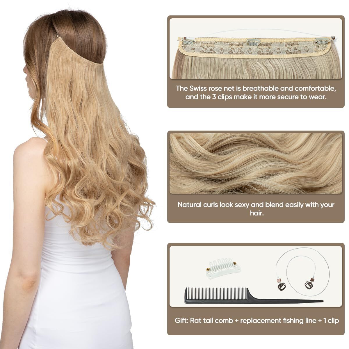 Invisible Wire Hair Extensions with 3 Clips Long Synthetic WavyExtenciones De Ca
