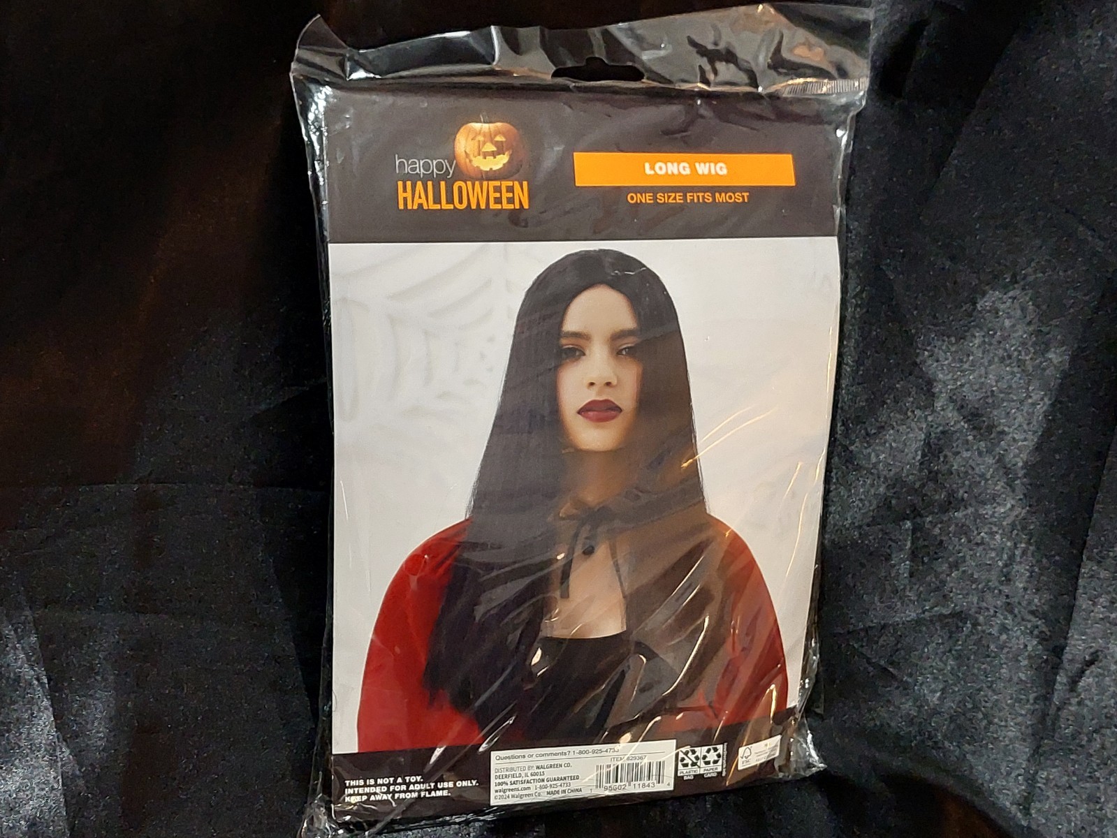 HAPPY HALLOWEEN LONG BLACK WIG – ONE SIZE FITS MOST – SEALED NEW IN BAG