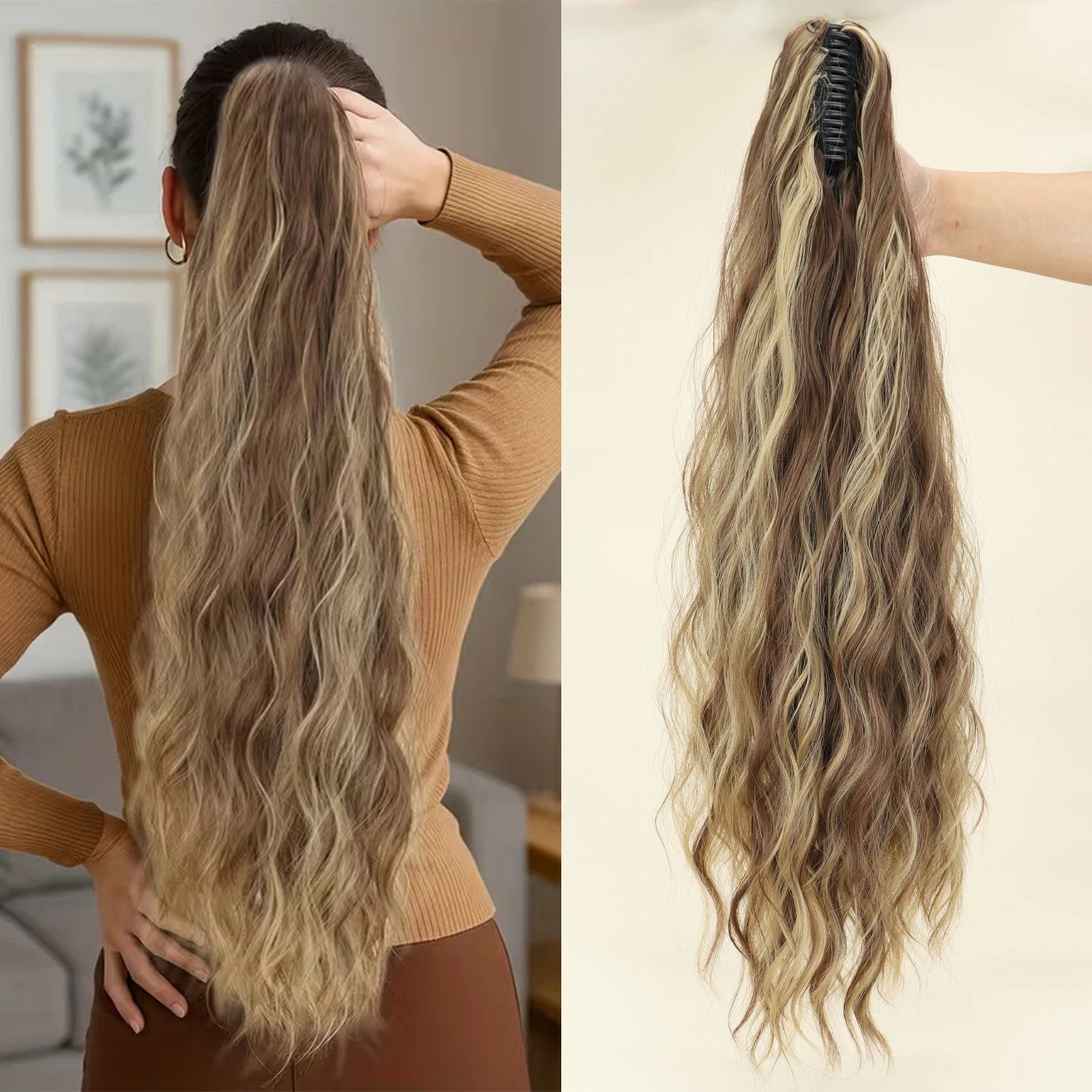 Heat Resistant Fiber Fluffy Messy Water Wave Claw Clip Ponytail Hair Extensions
