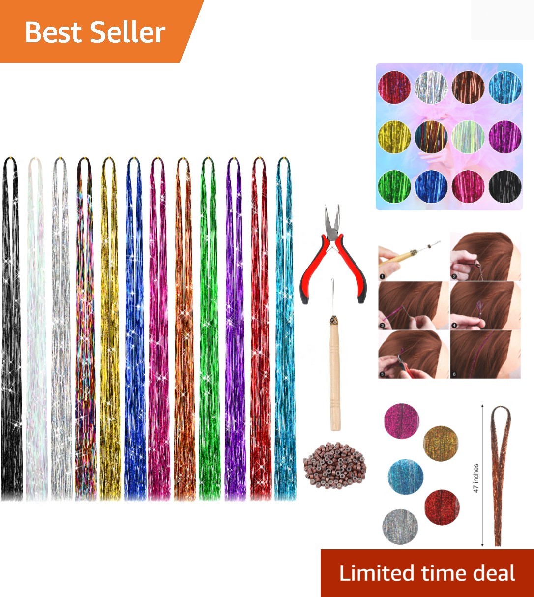 Customizable 47 Inch Tinsel Hair Extension Kit – 2400 Sparkling Strands Included