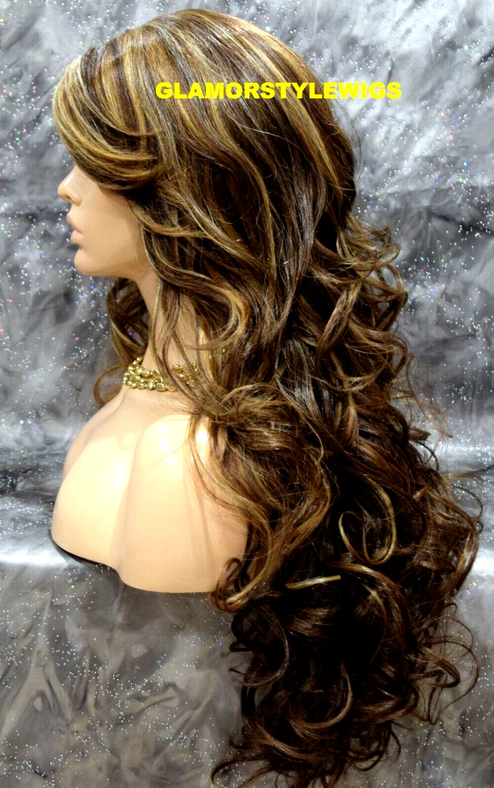 FULL WIG LONG WAVY LAYERED SKIN SIDE PART GOLDEN BROWN MIX HEAT OK #8.27.613 NWT