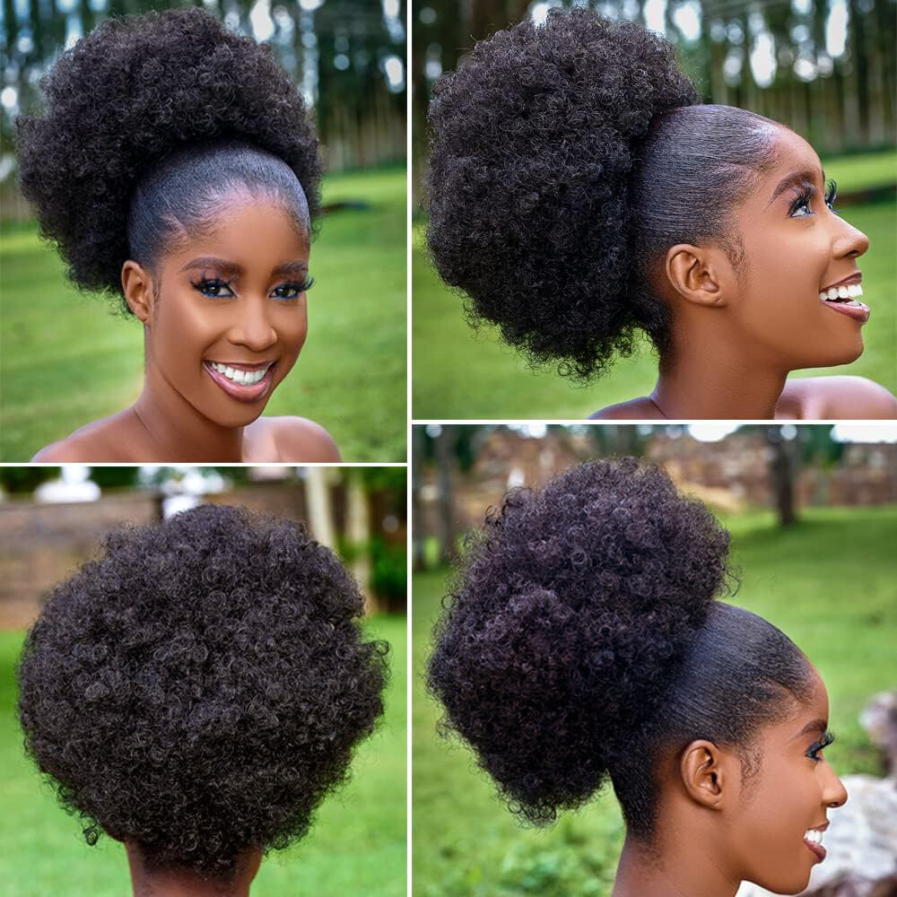 100% Human Hair Afro Curly Puff Drawstring Ponytail Extension Clip In On Bun