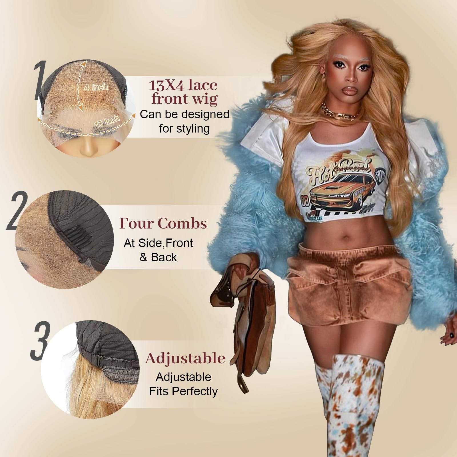 Migura Honey Blonde Wig Human Hair 200 Density 13X4 Hd Lace Frontal Wigs Human