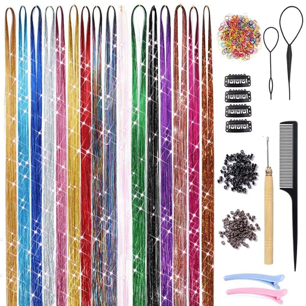 47 Inch 3200 Strands Hair Tinsel Kit Sparkling Glitter Fairy Hair Extensions