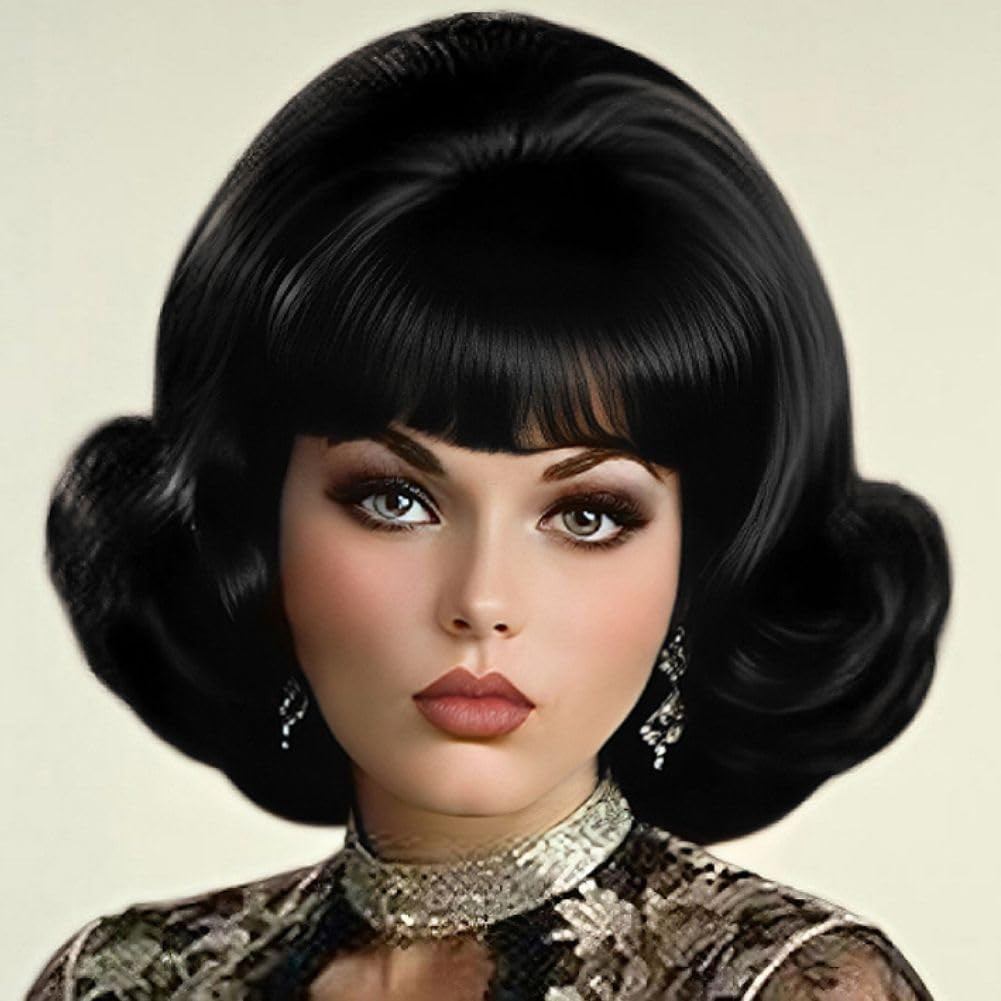 Black Vintage Curly Cosplay Wigs for Women Bouffant Beehive 50s 60s Retro Costum