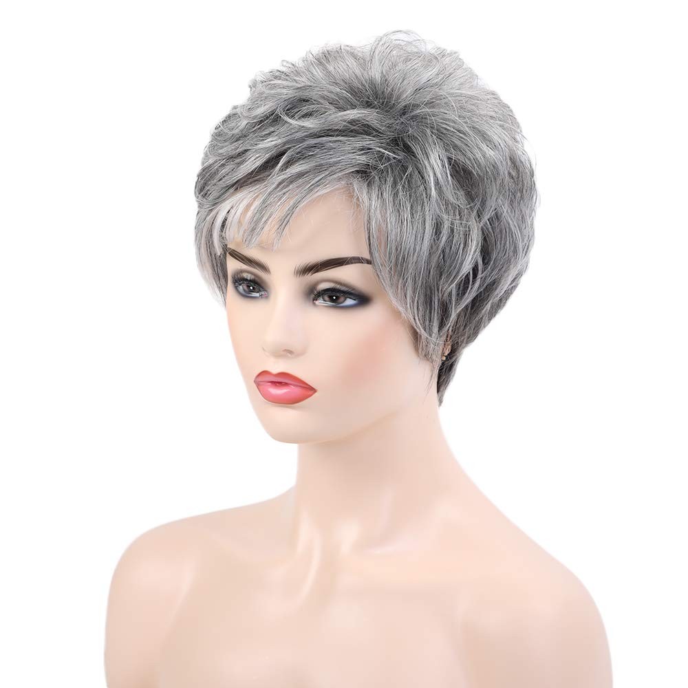 Short Grey Human Hair Wigs for Women Blend Pixie Cut Wig With Bang,Natural Da…