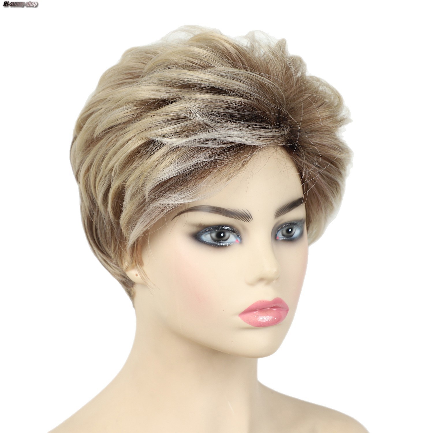 Short Layered Hairstyle Rooted Blonde Mix Synthetic Hair Wigs Women Soft Natural