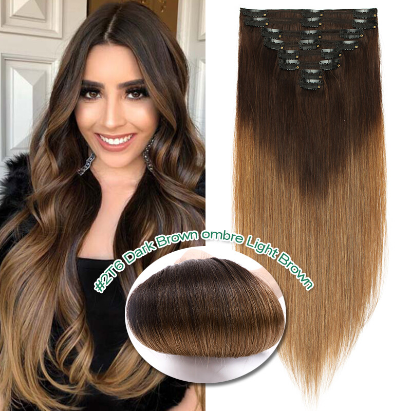 Thick Clip In Remy Human Hair Extensions Double Weft Full Head 8Pieces 18Clips