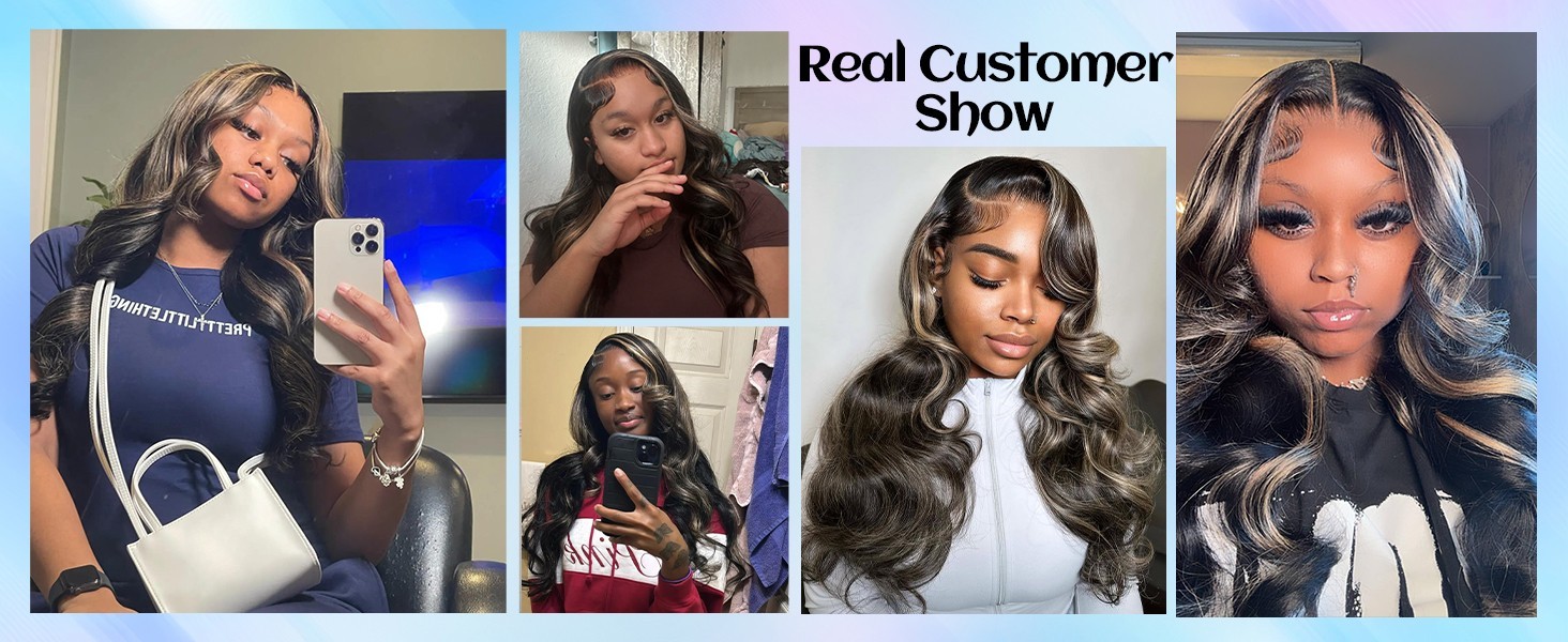 26″ Brazil Human Hair Wig Black+Blonde Highlight Body Wave 13×6 Lace Front 1B/27
